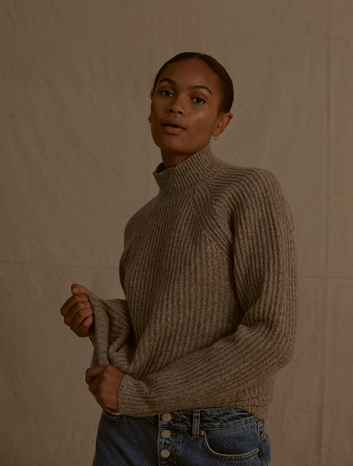 Riley sustainable ethical made to order handmade recycled cashmere funnel neck sweater