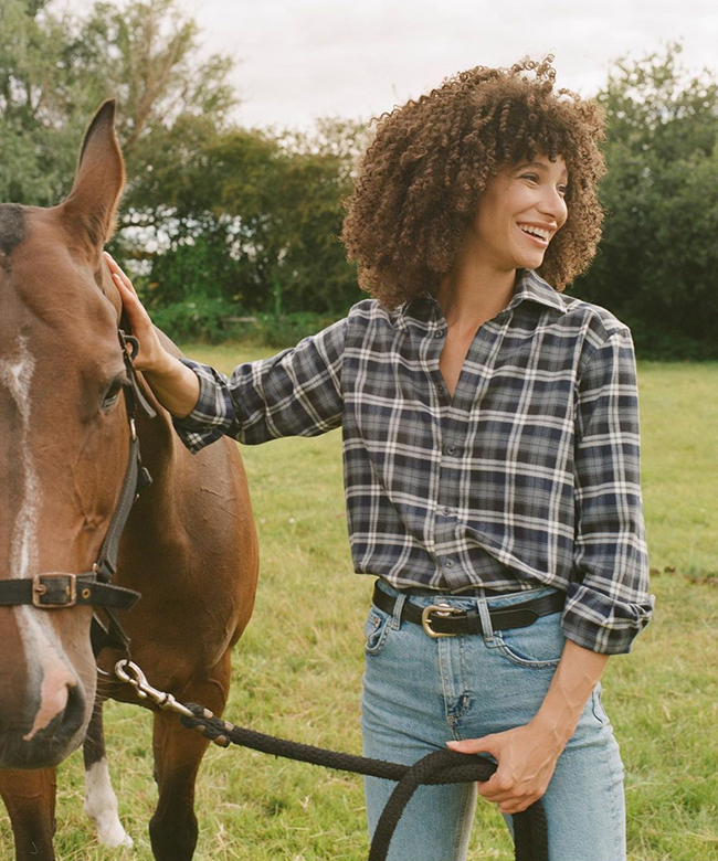With Nothing Underneath sustainable organic cotton linen oversized shirt navy check plaid