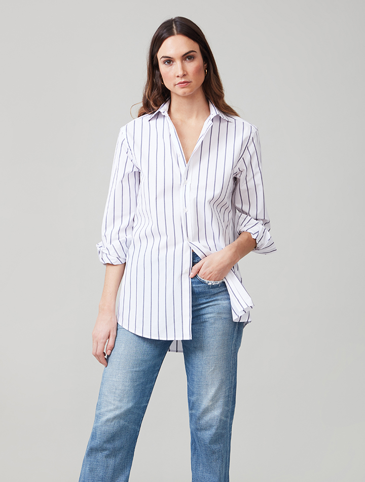 With Nothing Underneath sustainable organic cotton linen oversized shirt navy white stripe