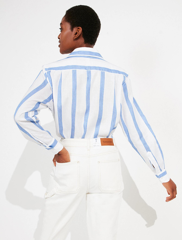 With Nothing Underneath sustainable organic cotton linen oversized shirt white blue stripe weave