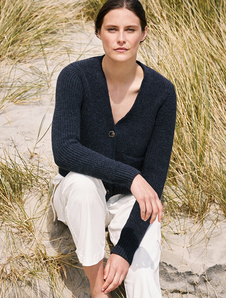 Navygrey ethical sustainable knitwear cropped navy blue cardigan