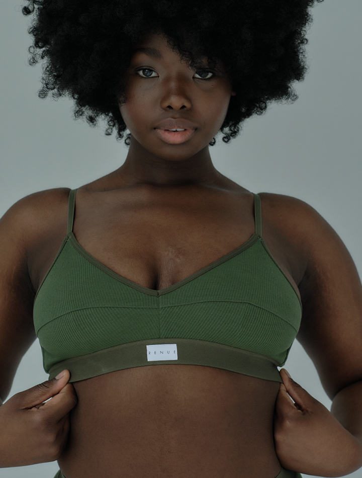 Renue sustainable ethical recycled lingerie underwear soft cup bra in olive khaki green