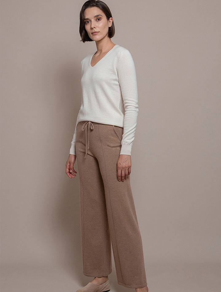 Francis Stories Joan Brown Wide Leg Knit Trousers with Tie