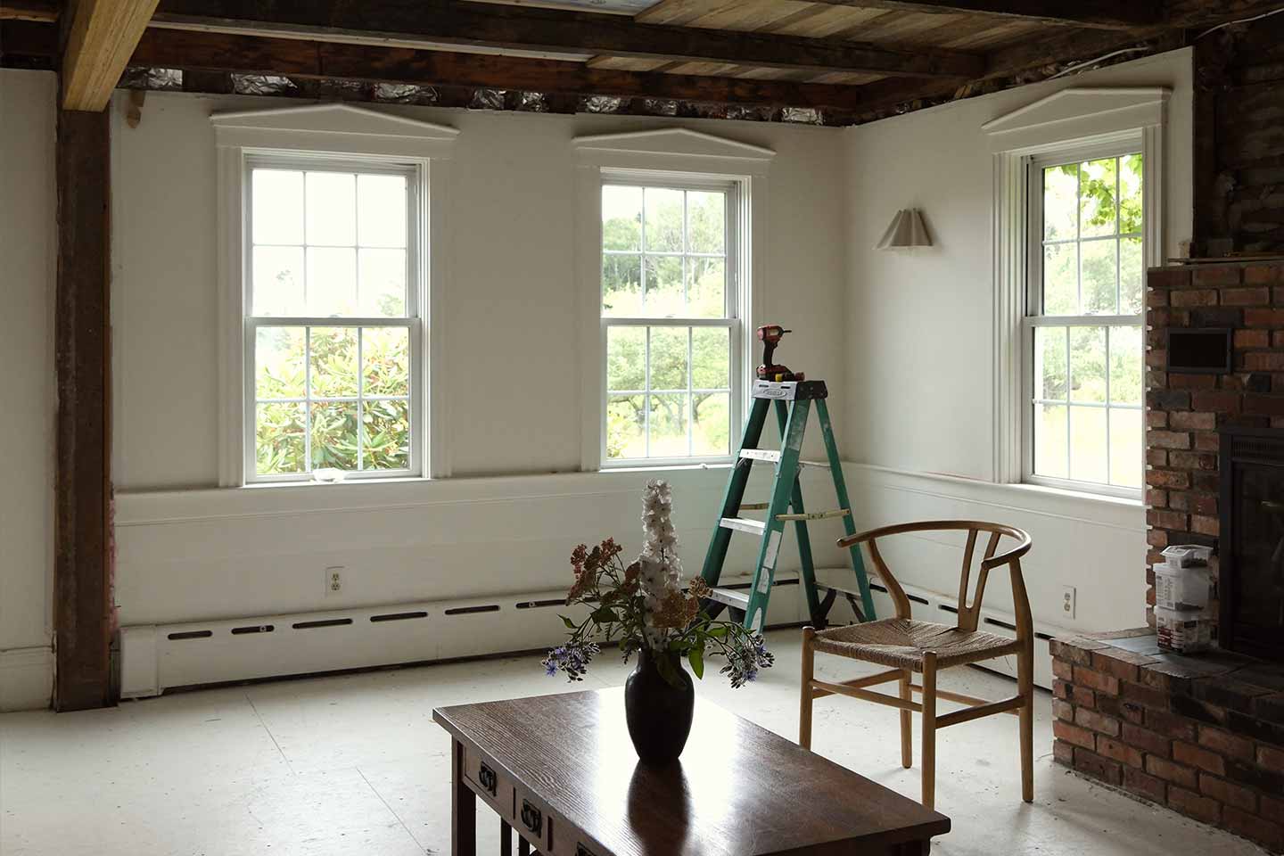 A farmhouse living room under renovation
