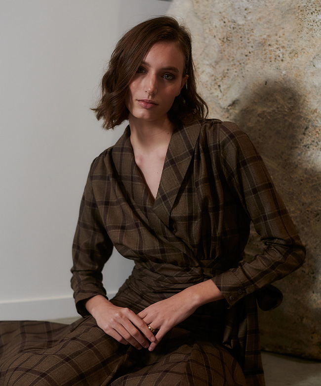 olistic_the_label_calyx_blouse_upcycled_wool_brown_check_model_photograph