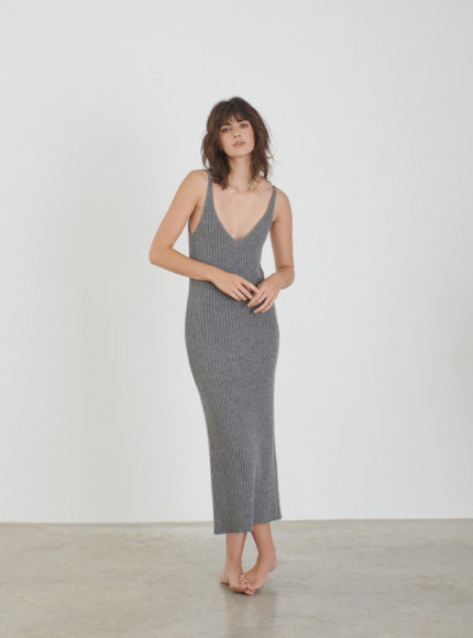 leap-concept-grey-cashmere-v-neck-dress-product-image-model-standing-pose