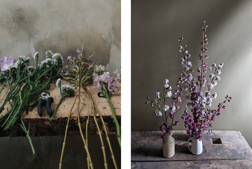 florence-kennedy-editorial-landscape-image-purple-cut-flowers-purple-flowers-in-vases