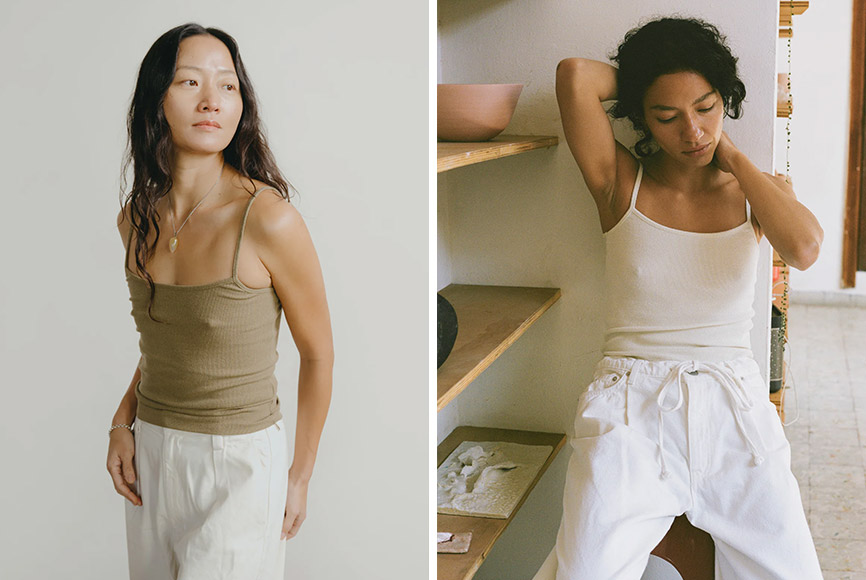 A woman wearing white cotton trousers and a simple tank top