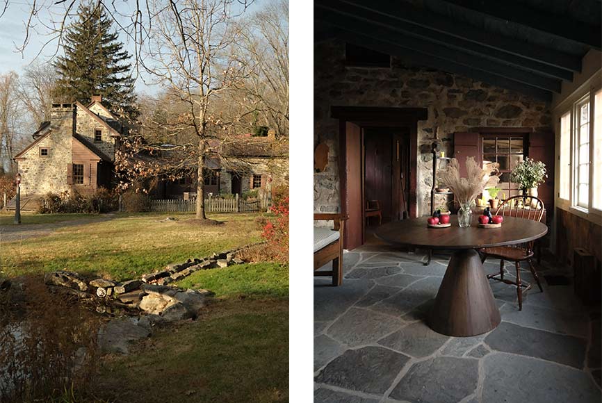 Bloom Farm exterior of farmhouse and interior of table with a Valentine's Day flower arrangement
