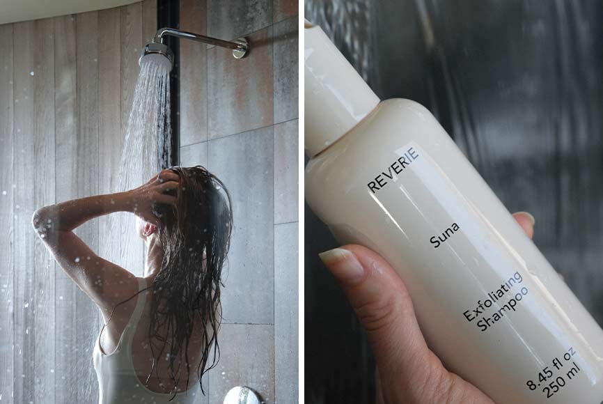 Cora using non toxic shampoo by Reverie. A non toxic har care line.
