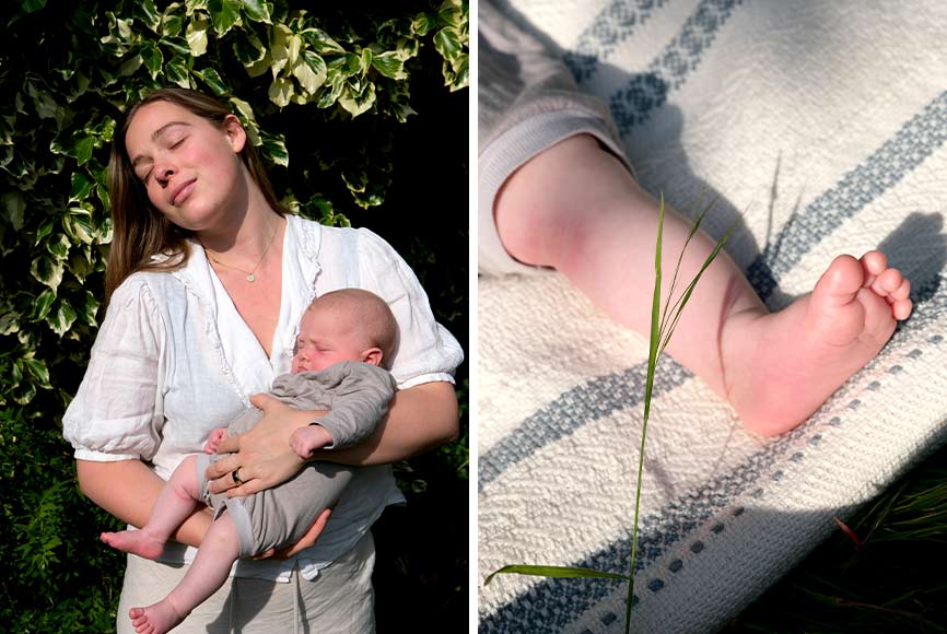 Mother and baby reviewing the ergoPouch products including the sleep sack