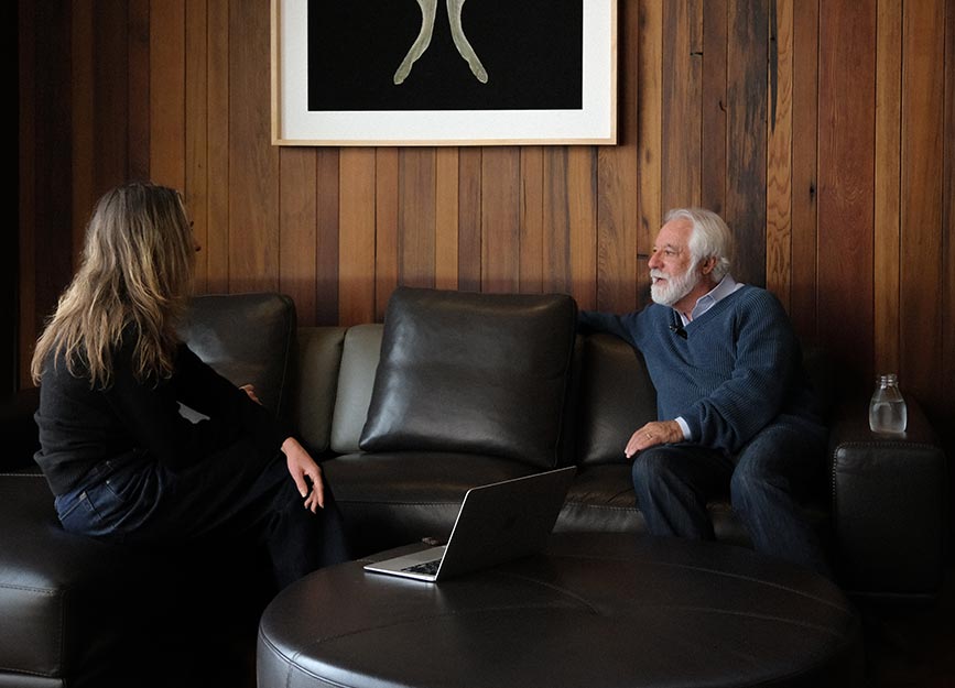 Cora Hilts recording the Reve En Vert Podcast with Mike Freed, owner of Post Ranch Inn in Big Sur