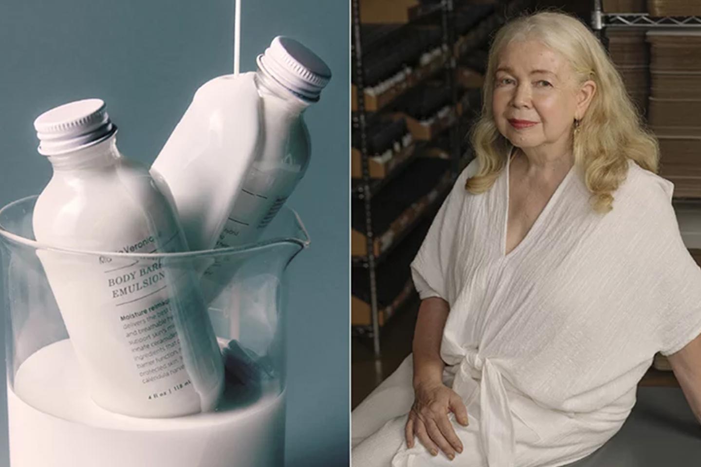 Marie Veronique and her organic skincare line next to her