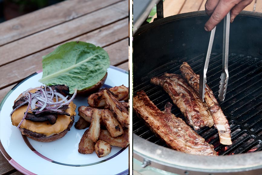 A man grilling on a Big Green Egg and serving a fresh cheeseburger