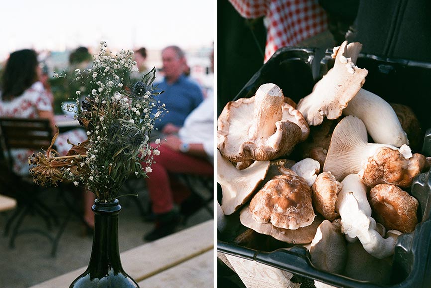 A basket of fresh mushrooms at the farmer's market and a vase of white flowers