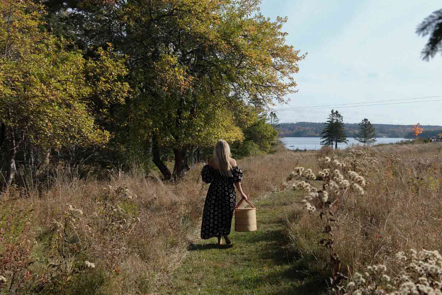 Woman walking on a meadow path with a large basket in her hand