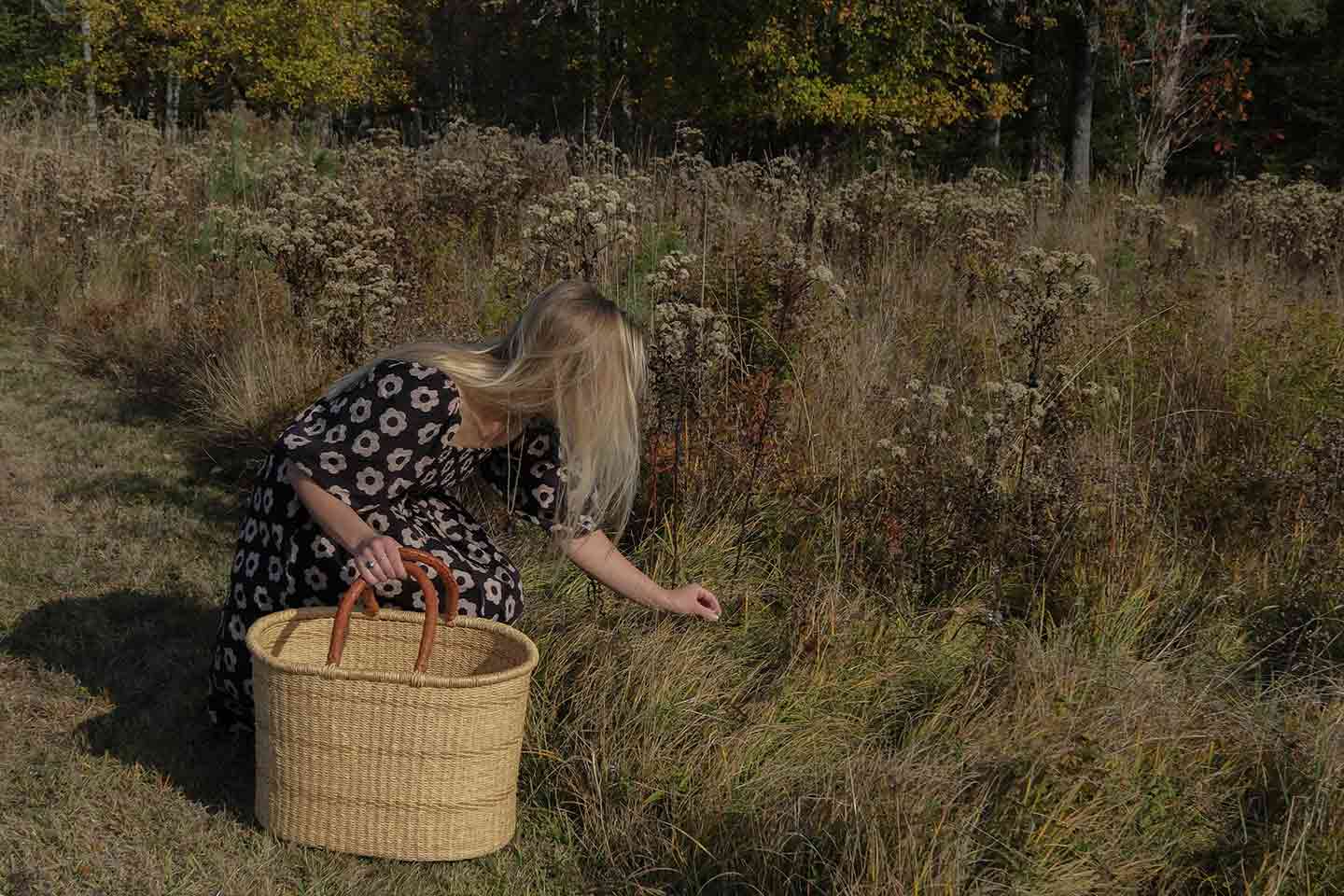 Woman with a large basket picking wildflowers in a meadow