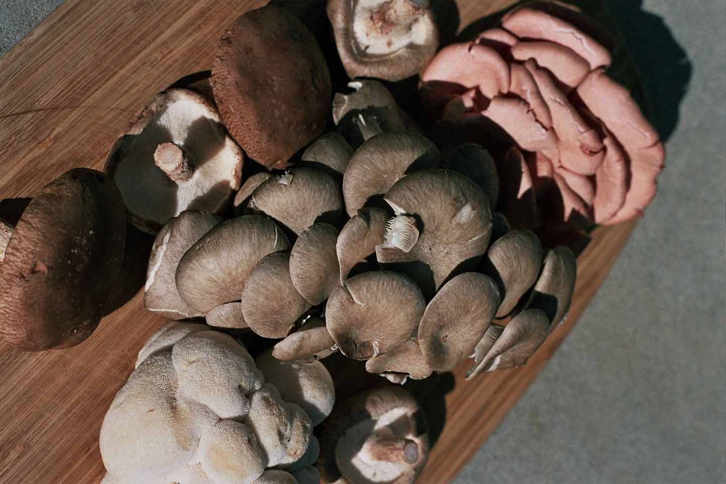 A bunch of wild mushrooms presented on a wooden cutting board