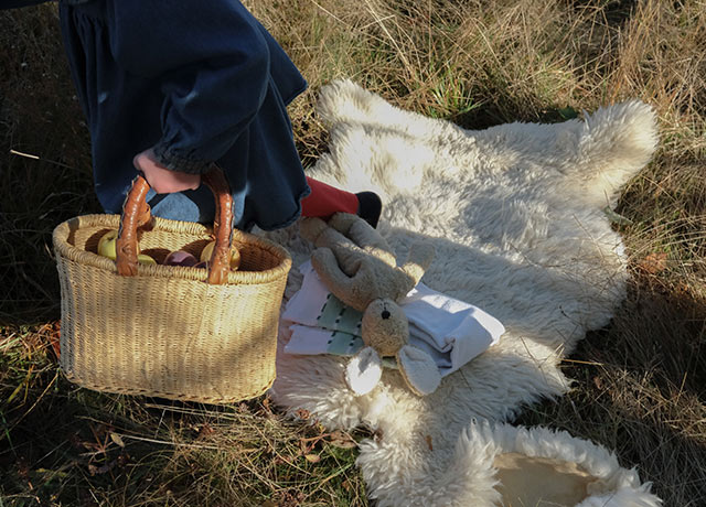 Sheepskin blanket in a meadow with a basket and child on it