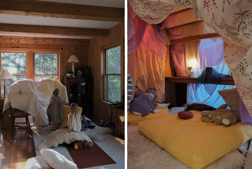 Children building and playing inside an inside fort