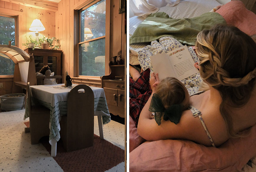 A mother in bed reading to her young daughter