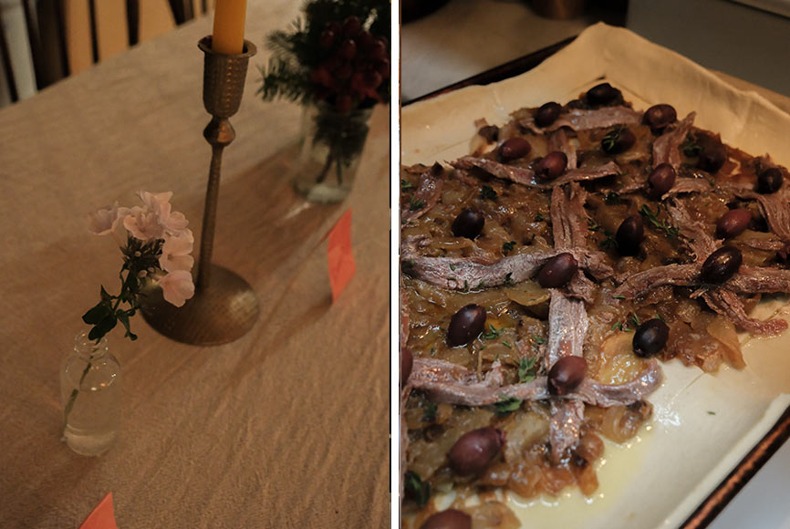 Sardine puff pastry and a flower vase on a table