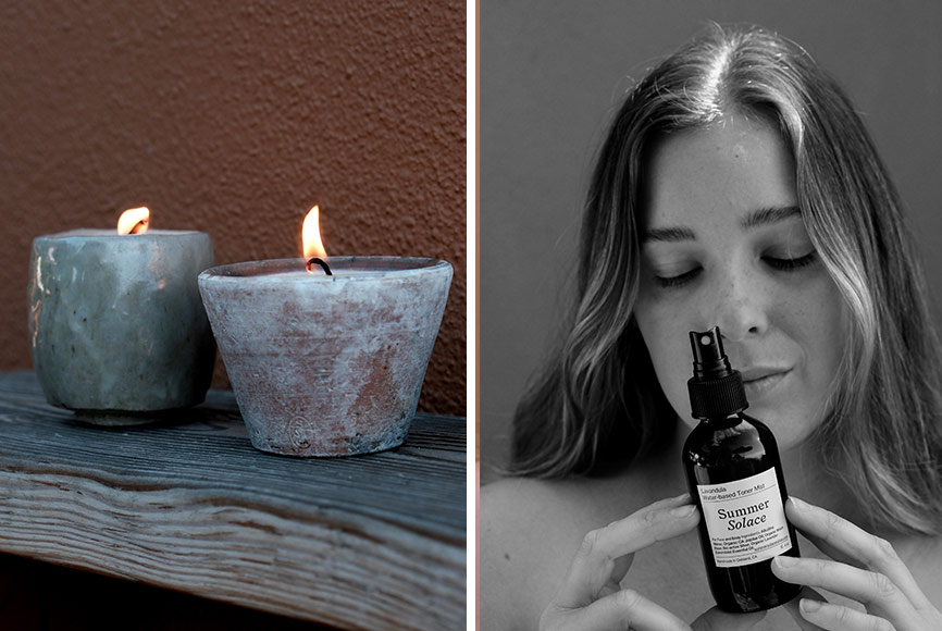 Candles and a woman holding a body oil