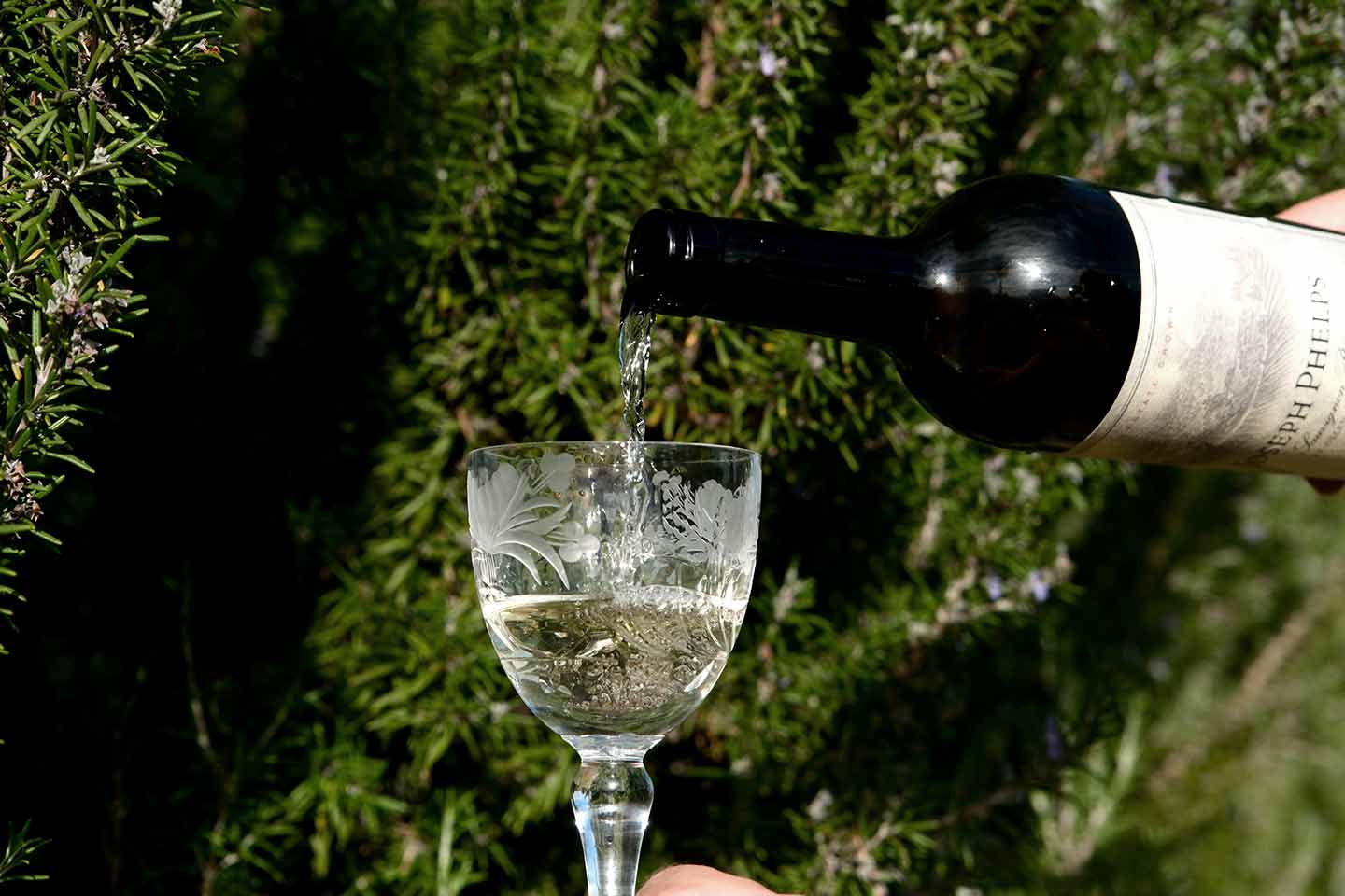 White wine being poured into a crystal wine glass