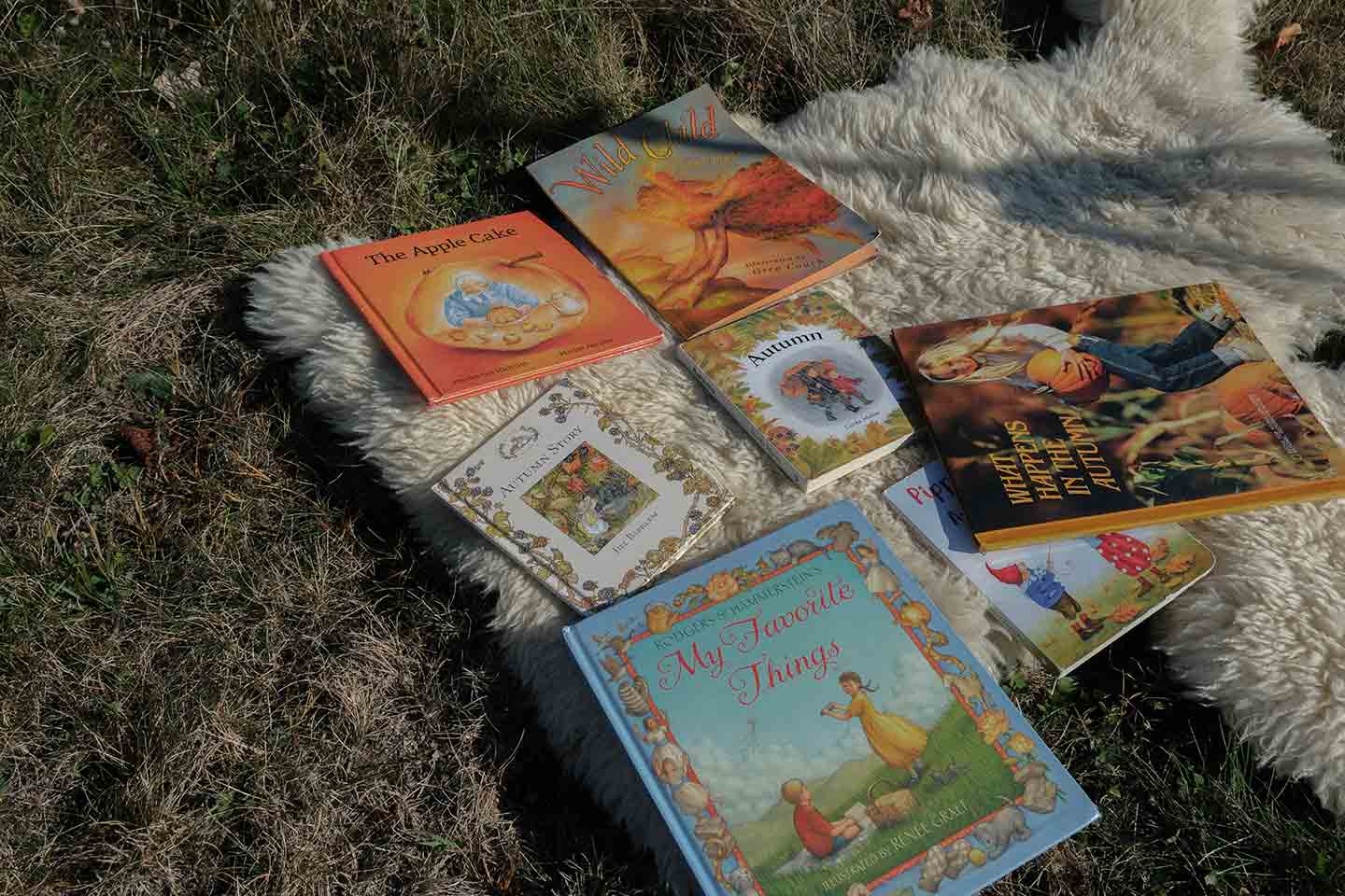 Children's books laid outside on a sheepskin rug