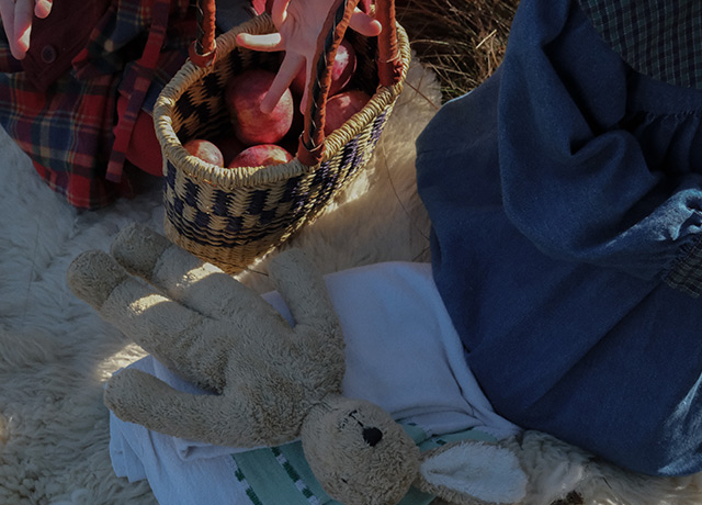 Children sitting on a sheepskin rug with a stuffed bunny and apples