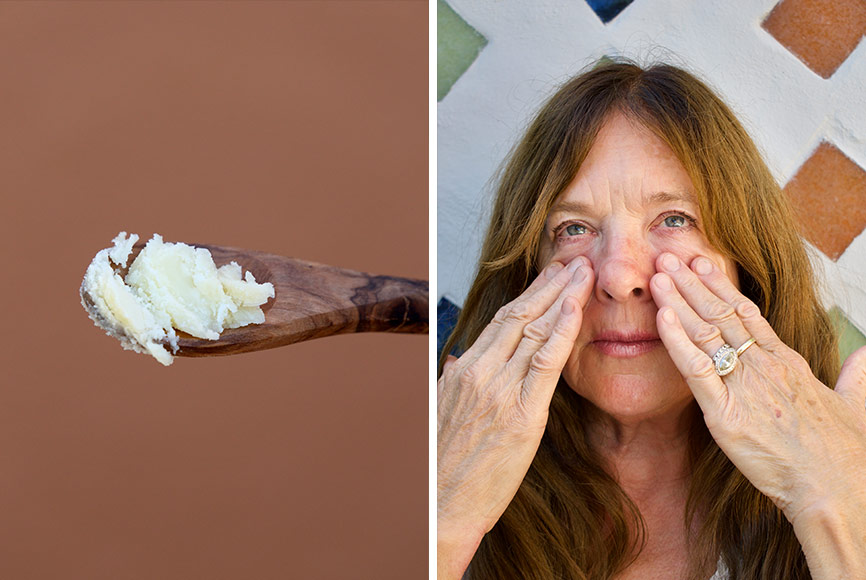 An older woman using tallow as eye balm