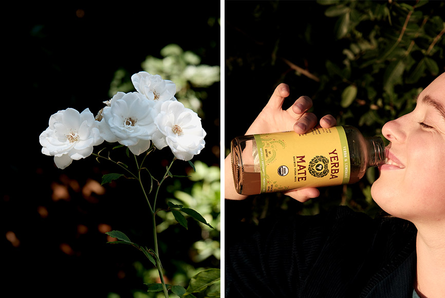A woman drinking Yerba Madre with white roses