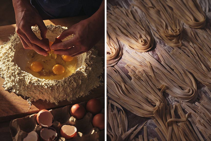 A man making pasta from scratch with eggs and flour