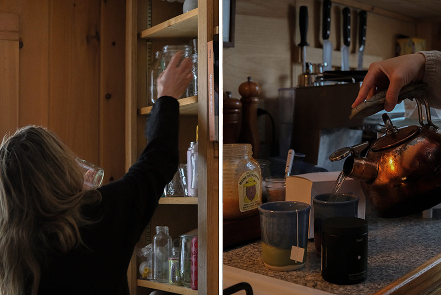 Two women in a kitchen making cups of tea