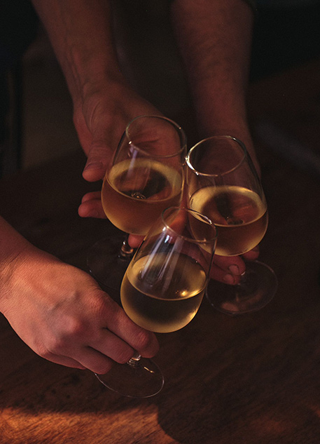 Three friends toasting with wine glasses in their hands