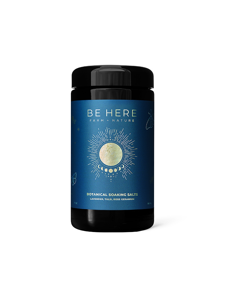 Biodynamic floral bath salts in a blue jar