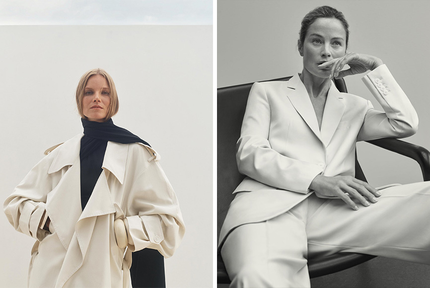 Two women wearing white suits