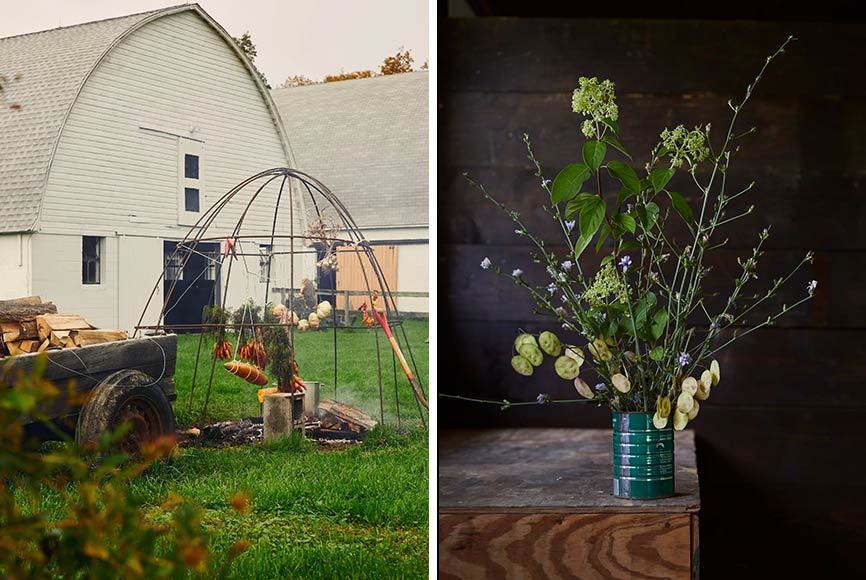 A vase of wildflowers in a can at a white barn