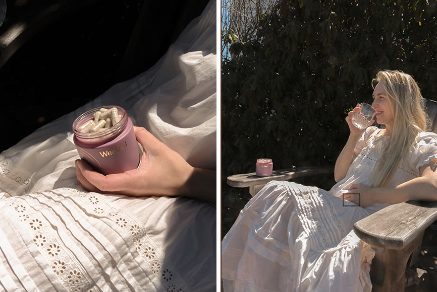 A woman sitting outside in a white dress taking Wenatal supplements