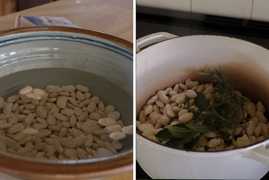 White beans soaking in water in a bowl