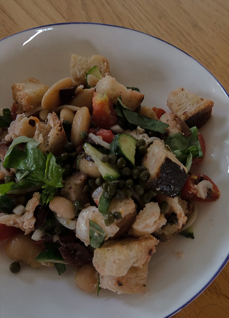 A bowl of panzanella salad with tomatoes, beans and bread